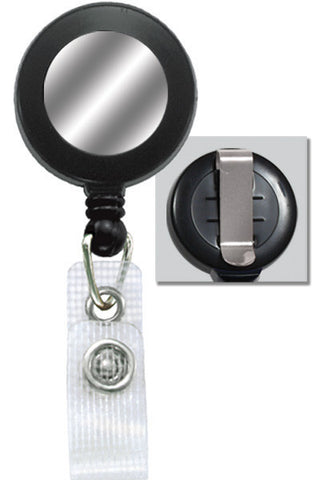 Plastic Clip-On Badge Reel, Black, 1-1/4" (32Mm) Silver Sticker, Reinforced Vinyl Strap W/Slide-Type Belt Clip (25/Pk)