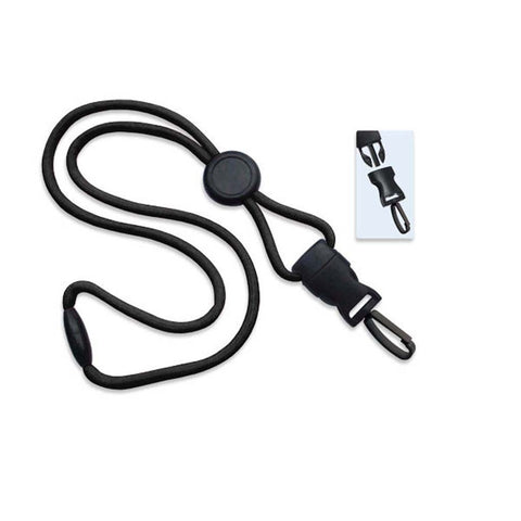 1/4" Round Lanyard, Black, Round Slider, Detachable Plastic Swivel Hook (25/Pk)